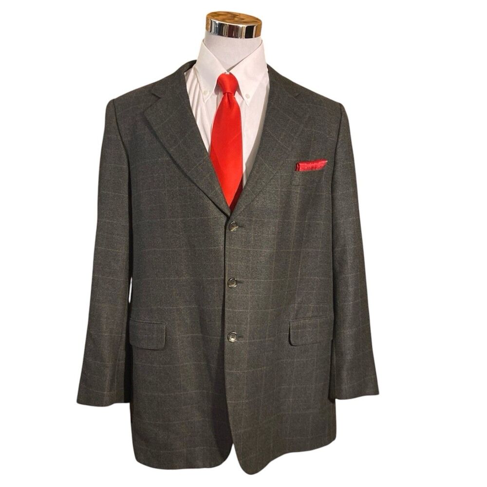 Luxury Blazer Gray Windowpane Size 50L Sport Coat Silk Wool Jacket Canada Made